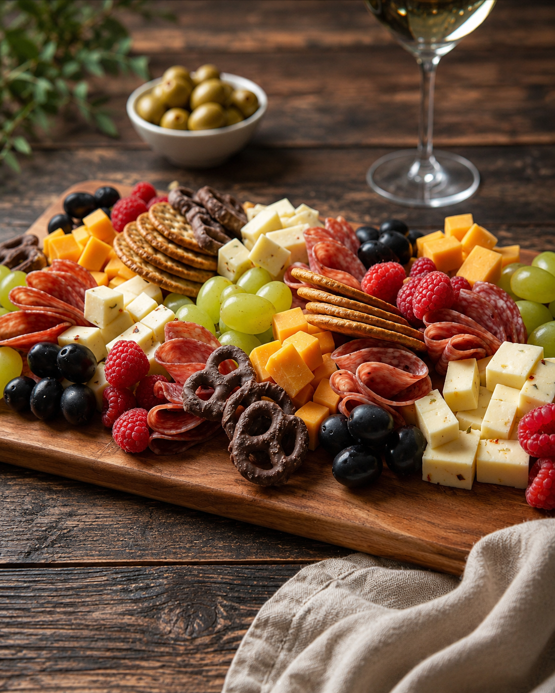 Charcuterie board with cheeses, cured meats, grapes, raspberries, olives, crackers and pretzels