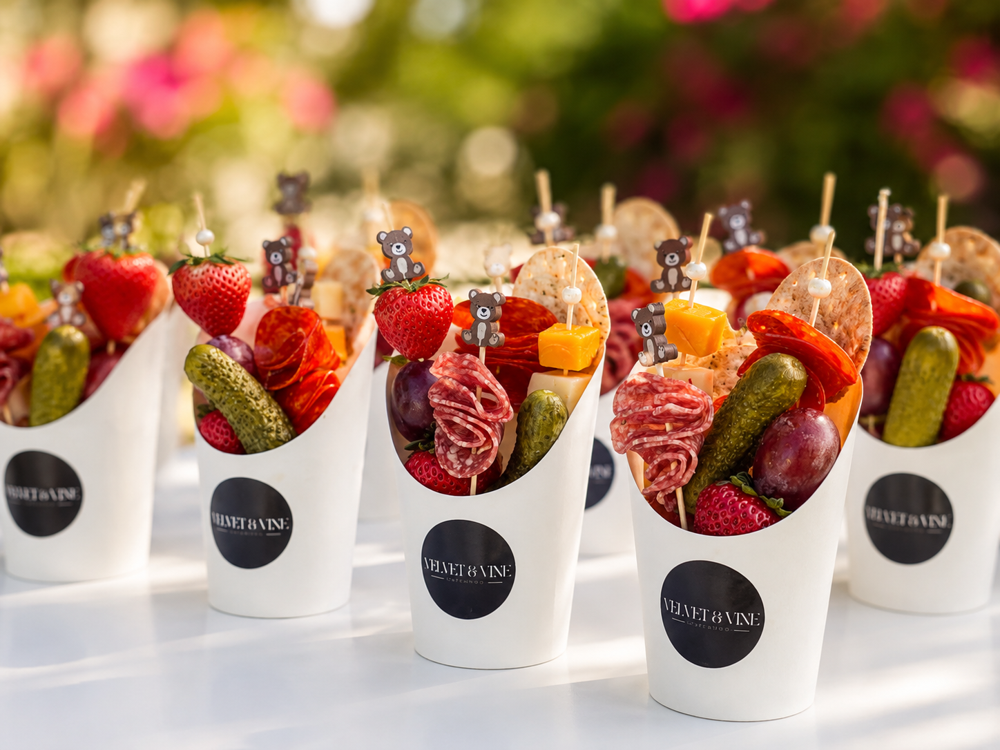 Branded Velvet & Vine charcuterie cups filled with strawberries, pickles, salami, cheese and crackers