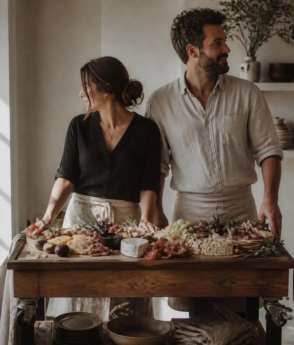 Liz and Axel standing together behind their charcuterie cart