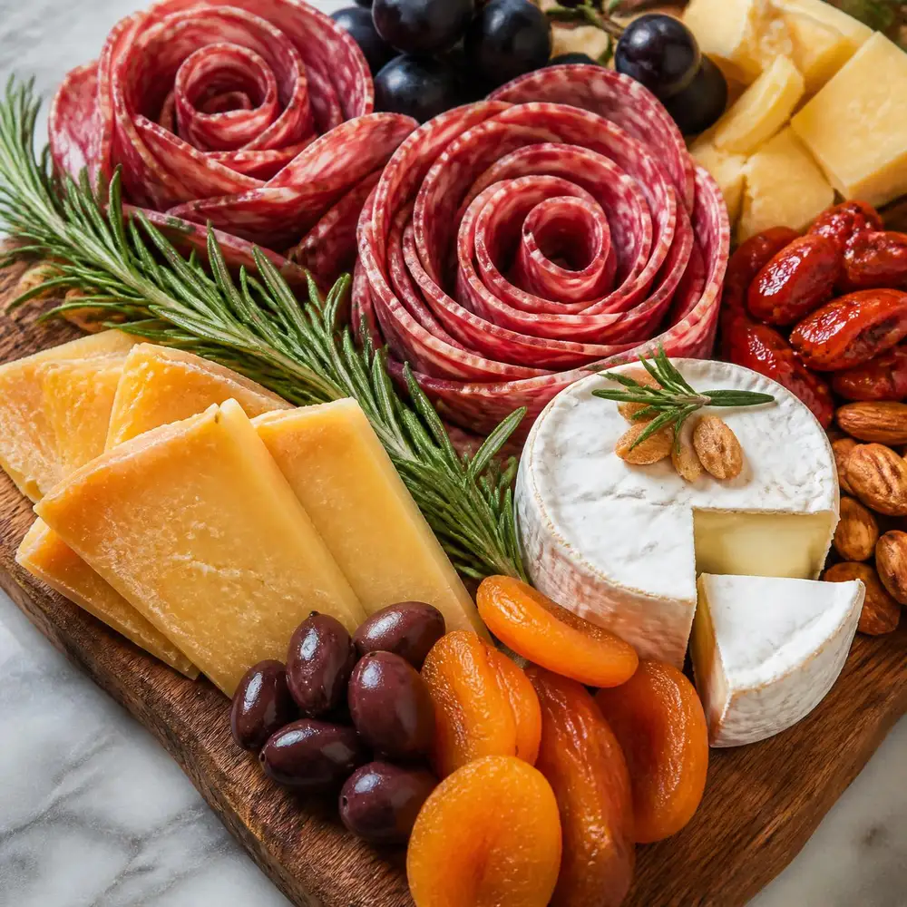 Wooden charcuterie board with salami roses, aged cheeses, olives and dried apricots