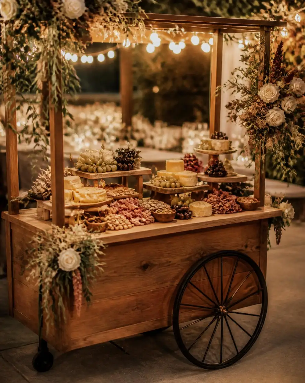 Handcrafted wooden charcuterie cart styled with cheeses, meats and florals under string lights