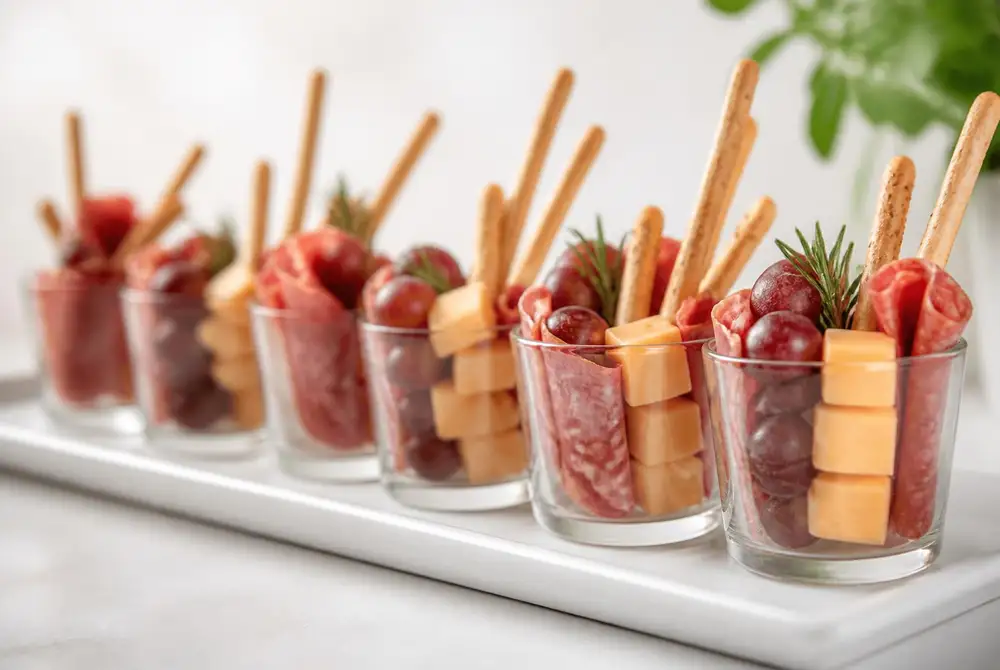Row of individual charcuterie cups with salami, cheese, grapes and breadsticks on a white tray