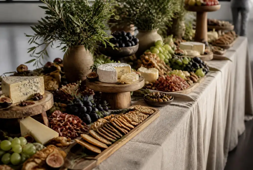 Grazing table layered with cheeses, cured meats, honeycomb, figs and crackers on linen